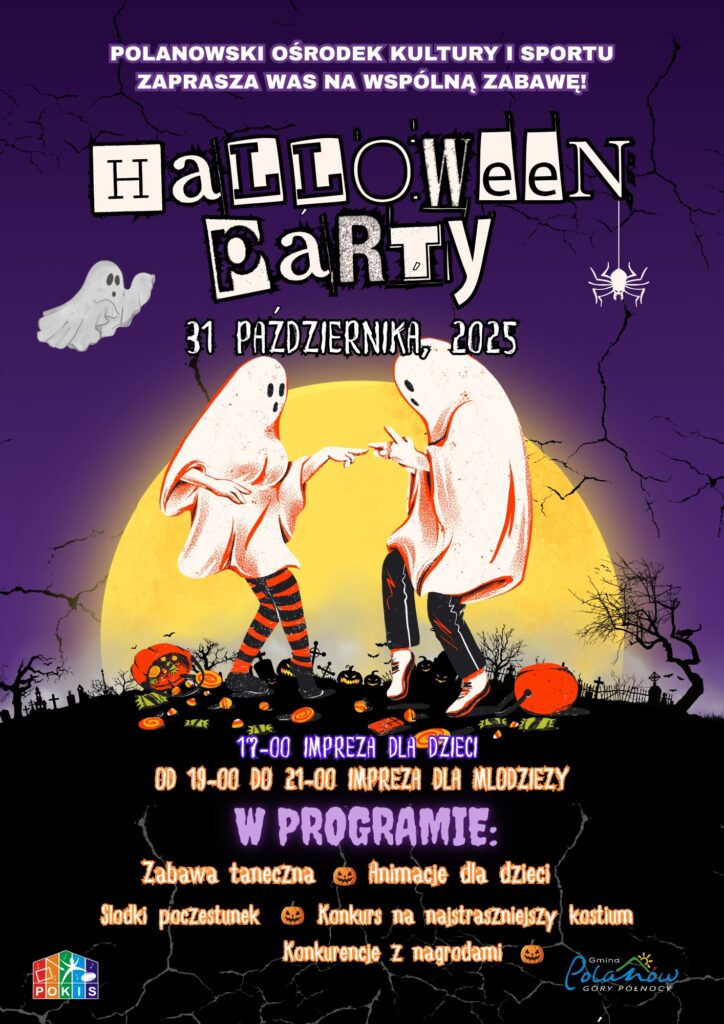 Plakat z zaproszeniem na halloween party w Polanowie 31 października 2025 r.