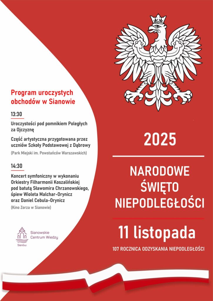 Plakat z zaproszeniem na niepodległościowe uroczystości w Sianowie 11 listopada 2025