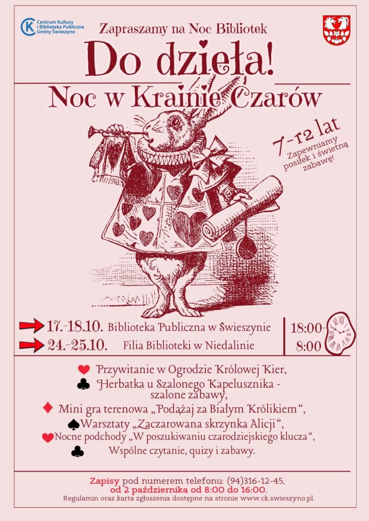 Plakat z zaproszeniem na noc bibliotek w Świeszynie i Niedalinie