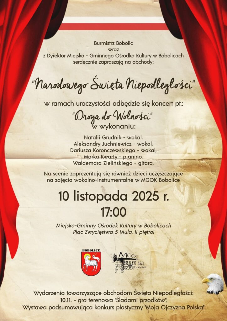 Plakat z zaproszeniem na obchody Narodowego Święta Niepodległości w Bobolicach 10 listopada 2025
