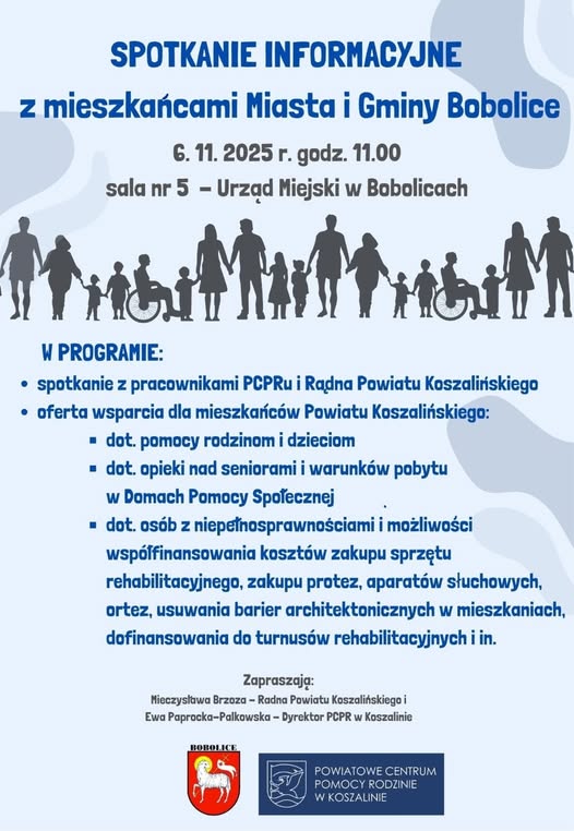 Plakat z zaproszeniem na spotkanie informacyjne z mieszkańcami w Bobolicach