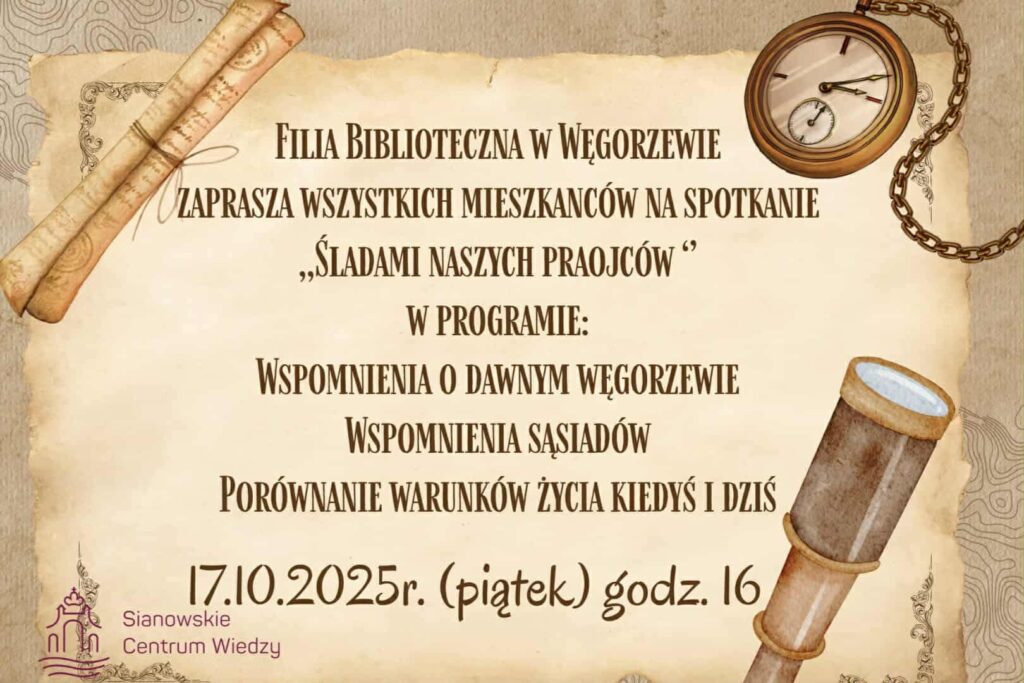 Plakat z zaproszeniem na spotkanie w bibliotece w Węgorzewie 17 październik 2025
