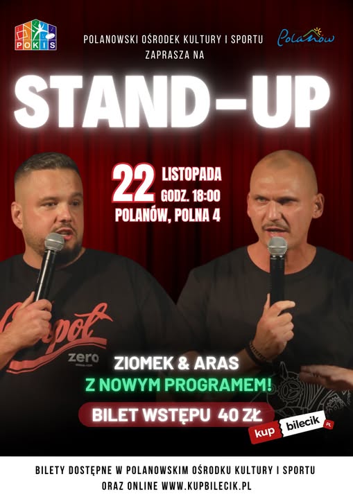 Plakat z zaproszeniem na stand up w Polanowie 22 listopada 2025 r.