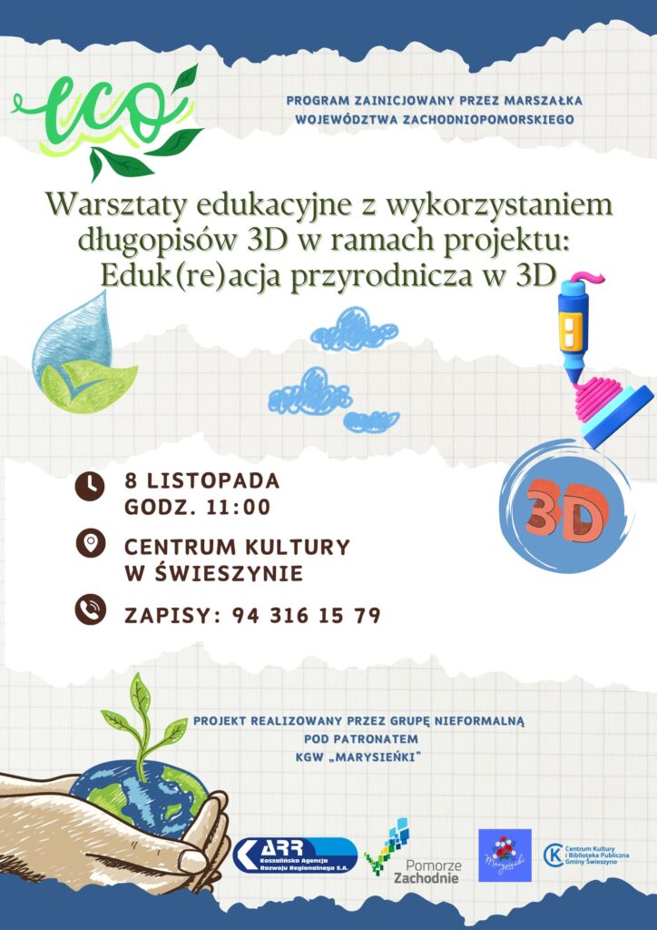 Plakat z zaproszeniem na warsztaty edukacyjne w Świeszynie 8 listopad 2025