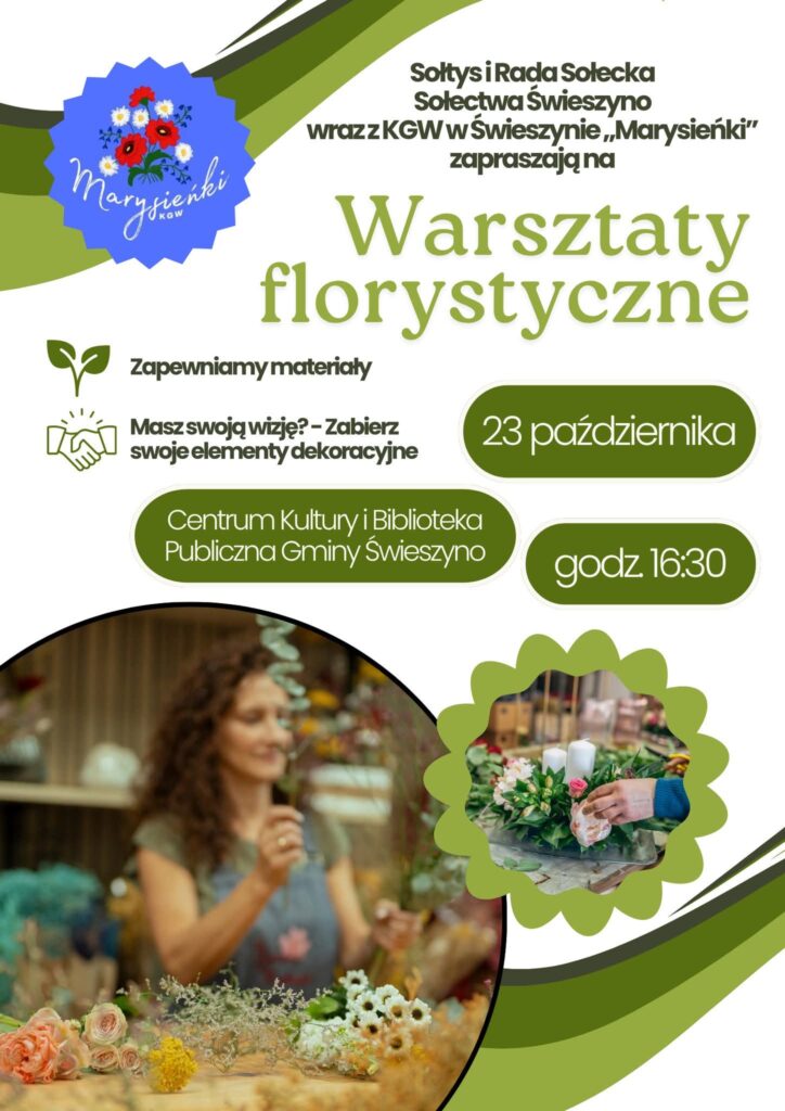 Plakat z zaproszeniem na warsztaty florystyczne w Świeszynie 23 października 2025