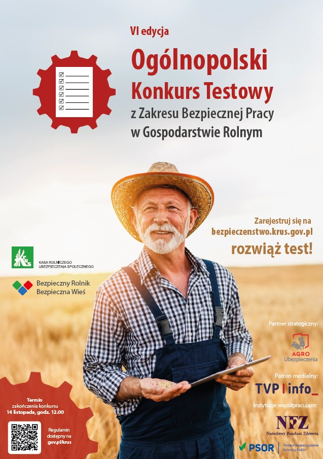 Plakat z zaproszenim do udziału w konkursie testowym z zakresu bezpiecznej pracy w gospodarstwie rolnym