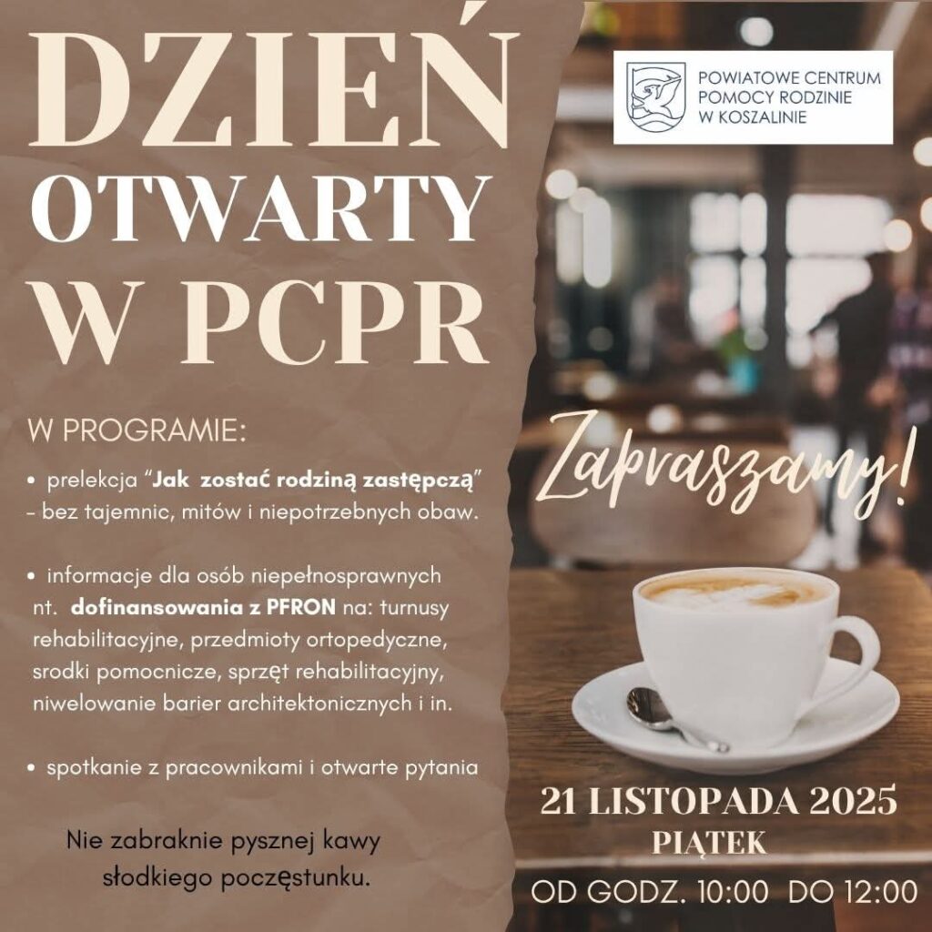 Plakat z informacją o dniu otwartym w PCPR w Koszalinie 21 listopada 2025