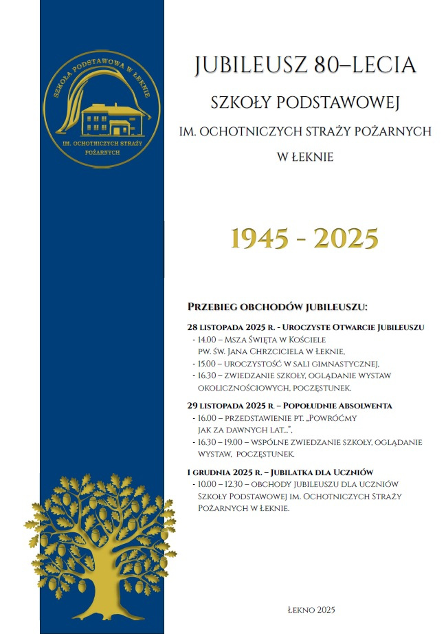 Plakat z informacją o jubileuszu Szkoły Podstawowej w Łeknie w dniu 28 listopada 2025