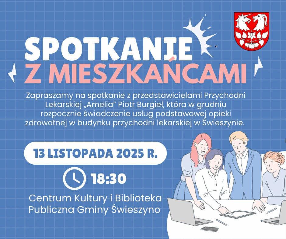 Plakat z informacją o spotkaniu z mieszkańcami gminy Świeszyno 13 listopada 2025