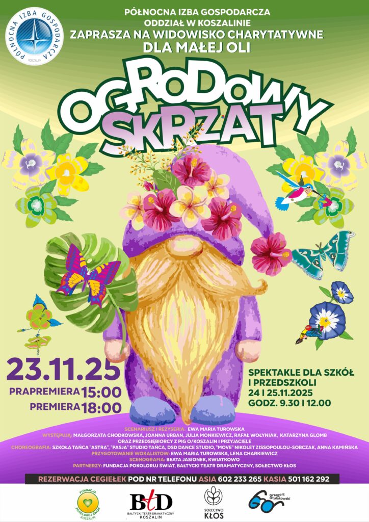 Plakat z zaproszeniem a widowisko charytatywne Ogrodowy Skrzat 23 listopada 2025