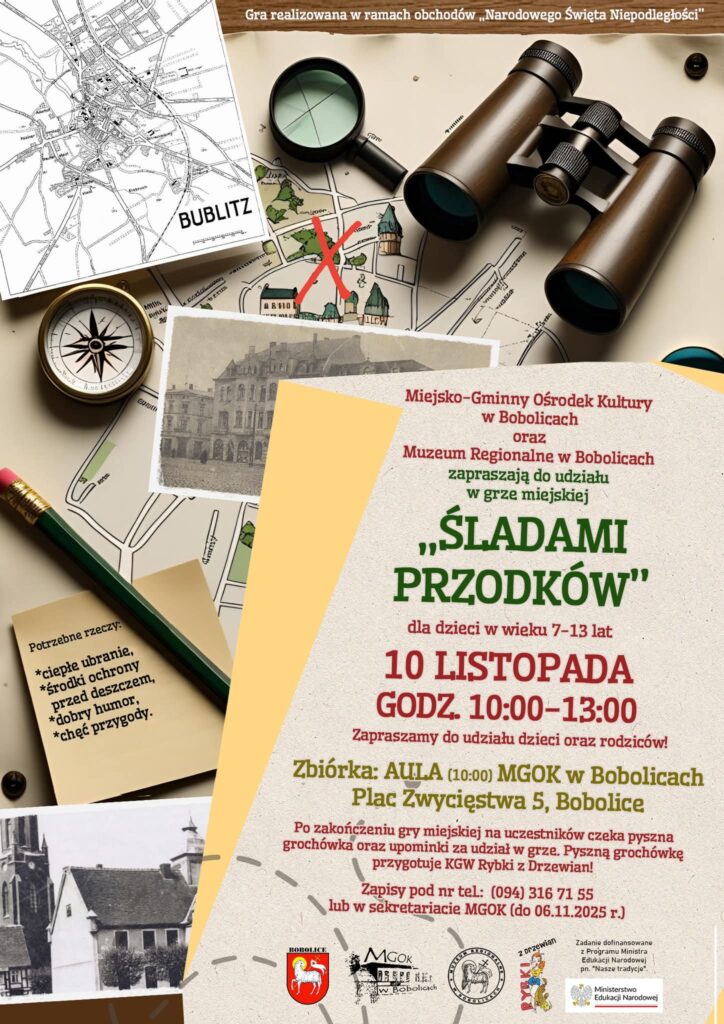 Plakat z zaproszeniem do udziału w grze miejskiej w Bobolicach 10 listopada 2025 r.