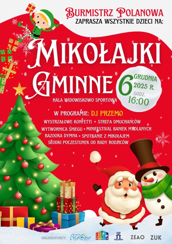 Plakat z zaproszeniem na Mikołajki Gminne w Polanowie 6 grudnia 2025