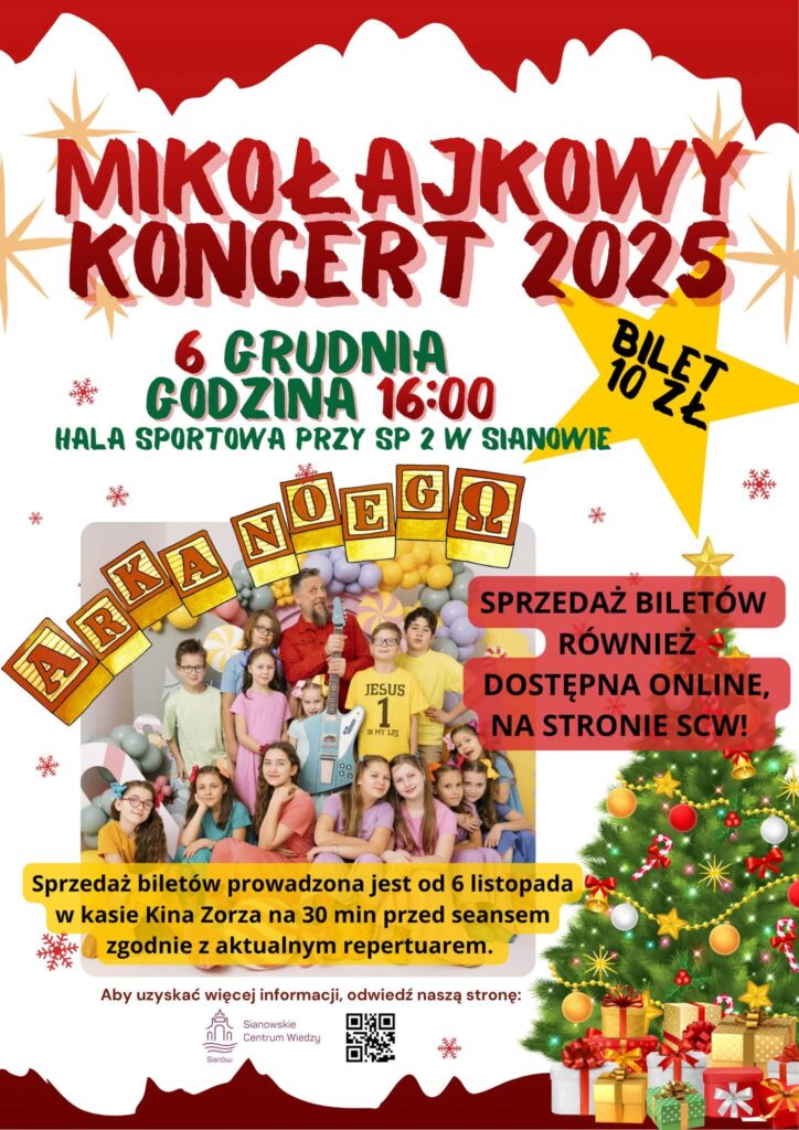 Plakat z zaproszeniem na Mikołajkowy Koncert w Sianowie 6 grudnia 2025