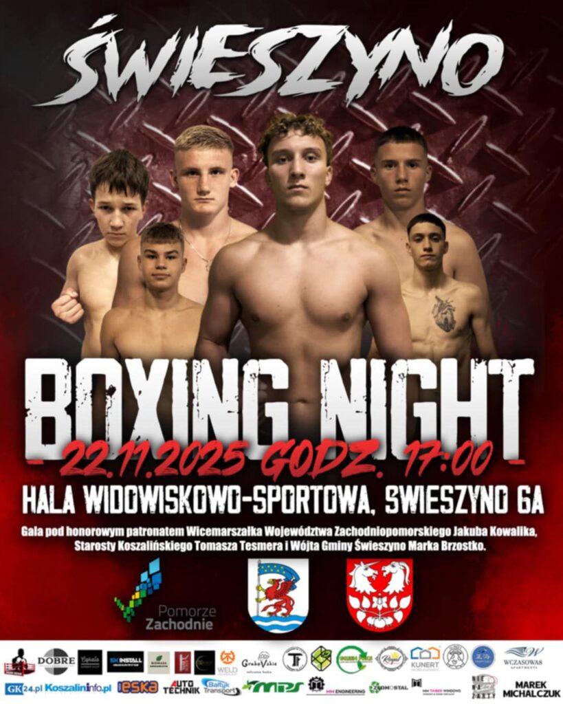 Plakat z zaproszeniem na Świeszyno Boxing Night w Świeszynie 22 listopada 2025