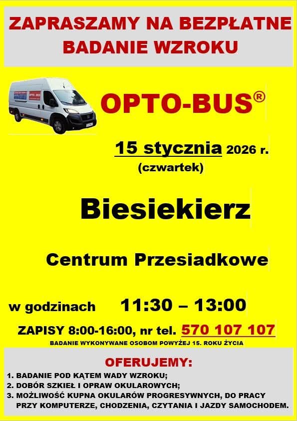 Plakat z zaproszeniem na bezpłatne badanie wzroku opto bus Biesiekierz 15 stycznia 2026