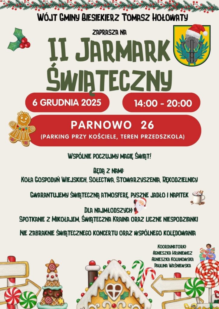 Plakat z zaproszeniem na drugi jarmark bożonarodzeniowy 6 grudnia 2025 w Parnowie Gmina Biesiekierz
