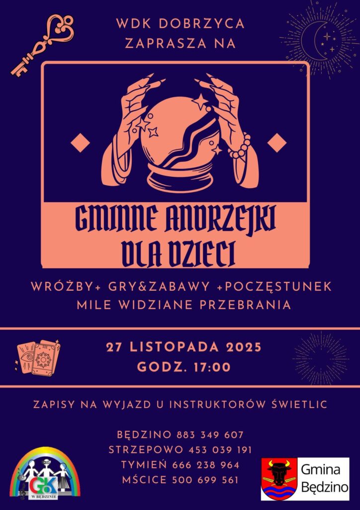 Plakat z zaproszeniem na gminne Andrzejki dla dzieci 27 listopada 2025 Gmina Będzino