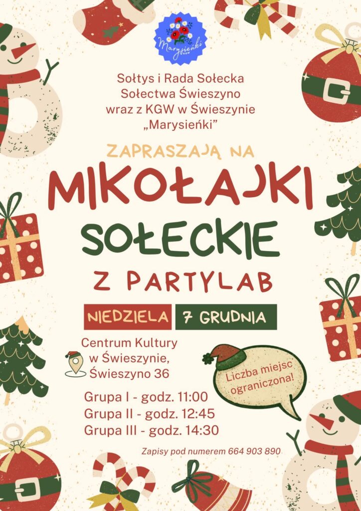 Plakat z zaproszeniem na mikołajki sołeckie w Świeszynie 7 grudnia 2025