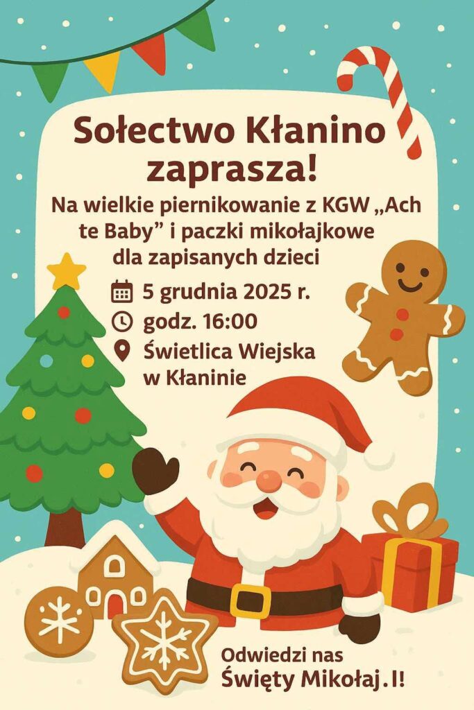 Plakat z zaproszeniem na pierknikowanie z KGW w Kłaninie 5 grudnia 2025