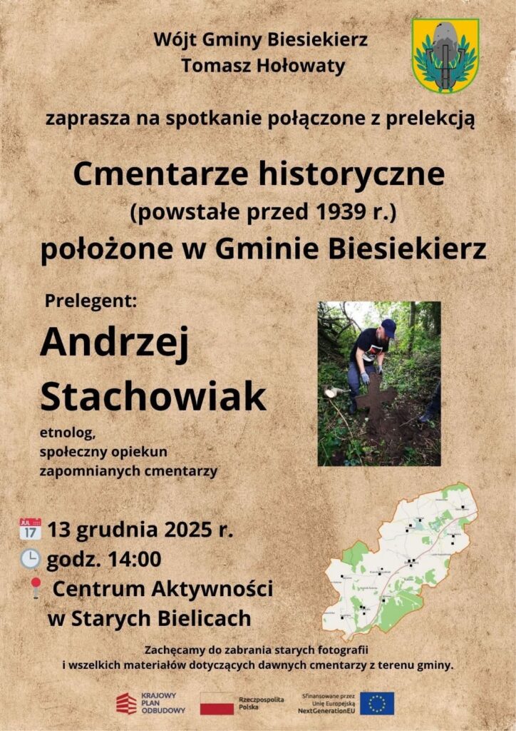 Plakat z zaproszeniem na prelekcję dot. cmentarzy historycznych w gminie Biesiekierz 13 grudnia 2025