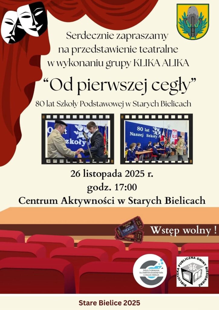 Plakat z zaproszeniem na przedstawienie teatralne w Starych Bielicach 26 listopada 2025