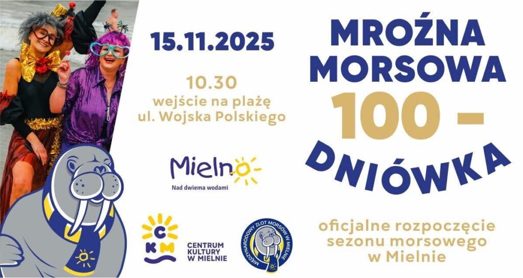 Plakat z zaproszeniem na rozpoczęcie sezonu morsowania 15 listopada 2025 Mielno