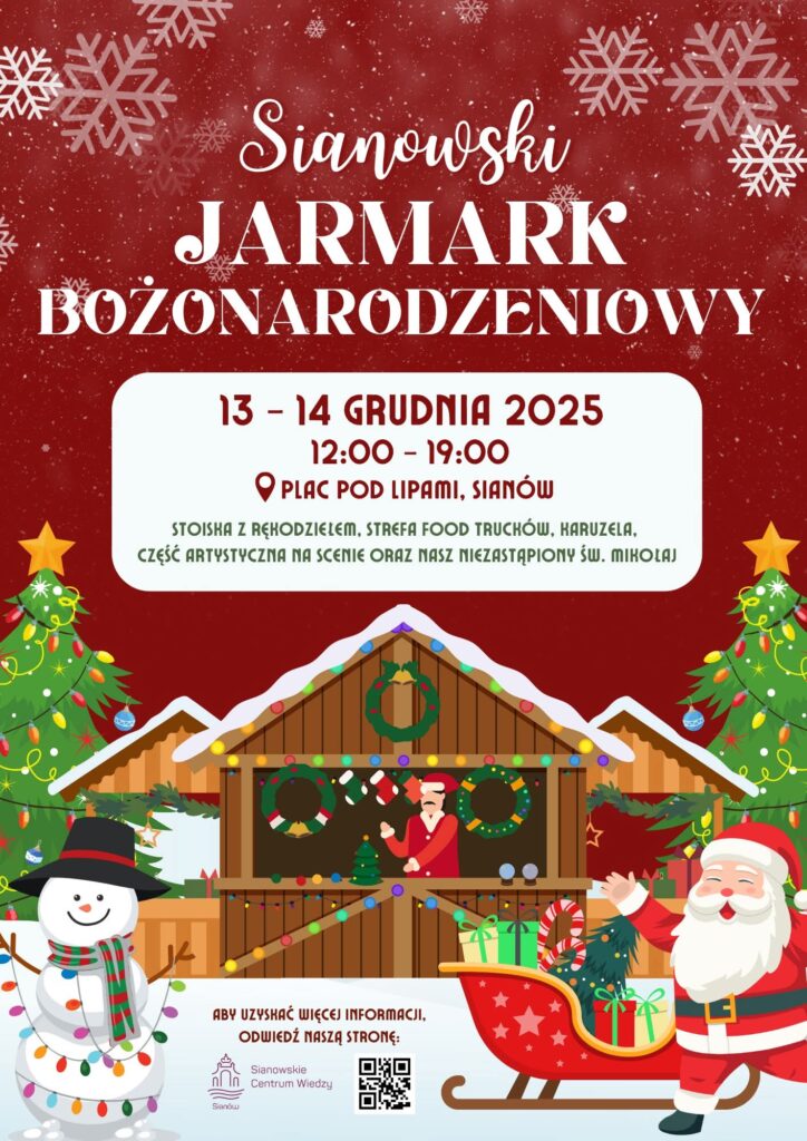 Plakat z zaproszeniem na sianowski jarmark bożonarodzeniowy 13 do 14 grudnia 2025 Sianów Plac pod lipami