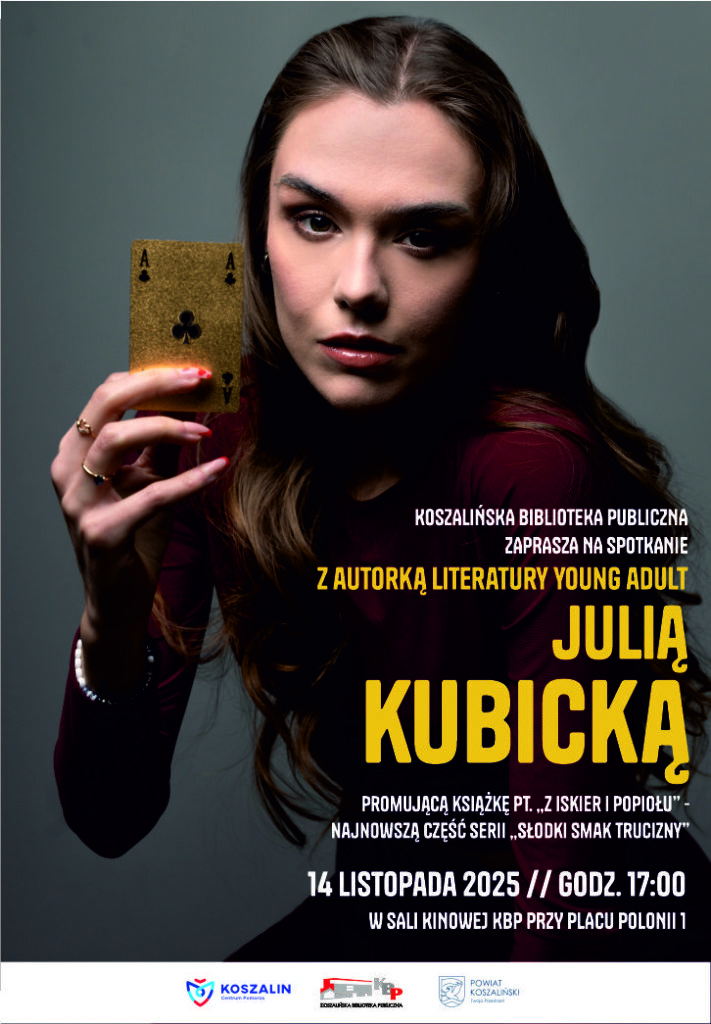 Plakat z zaproszeniem na spotkanie z autorką w KBP 14 listopada 2025 r. Koszalin