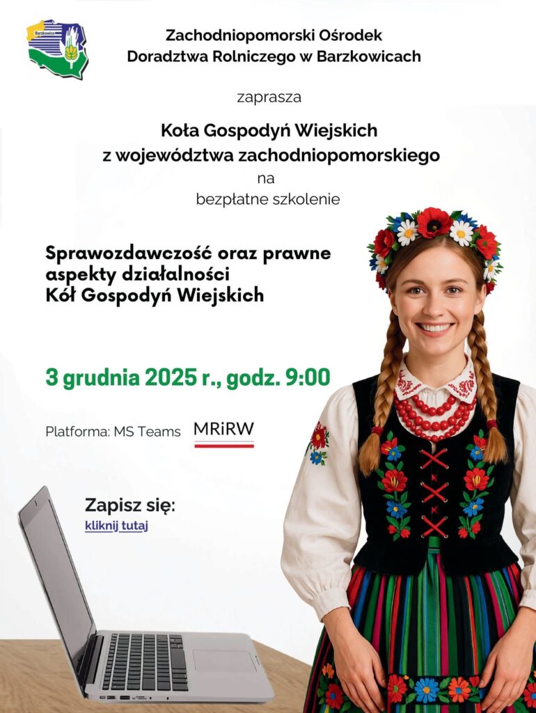 Plakat z zaproszeniem na szkolenie dla KGW 3 grudnia 2025