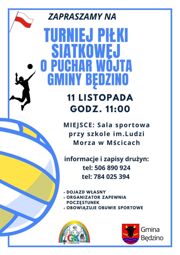 Plakat z zaproszeniem na turniej piłki siatkowej o puchar wójta gminy Będzino 11 listopada 2025