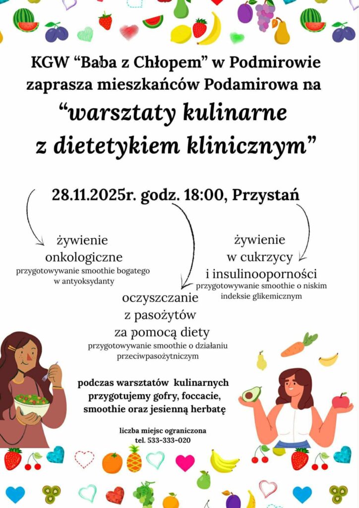 Plakat z zaproszeniem na warsztaty kulinarne z dietetykiem klinicznym w Podamirowie 28 listopada 2025