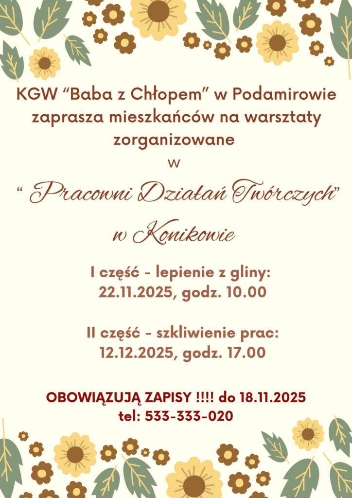 Plakat z zaproszeniem na warsztaty w Konikowie 22 listopada i 12 grudnia 2025