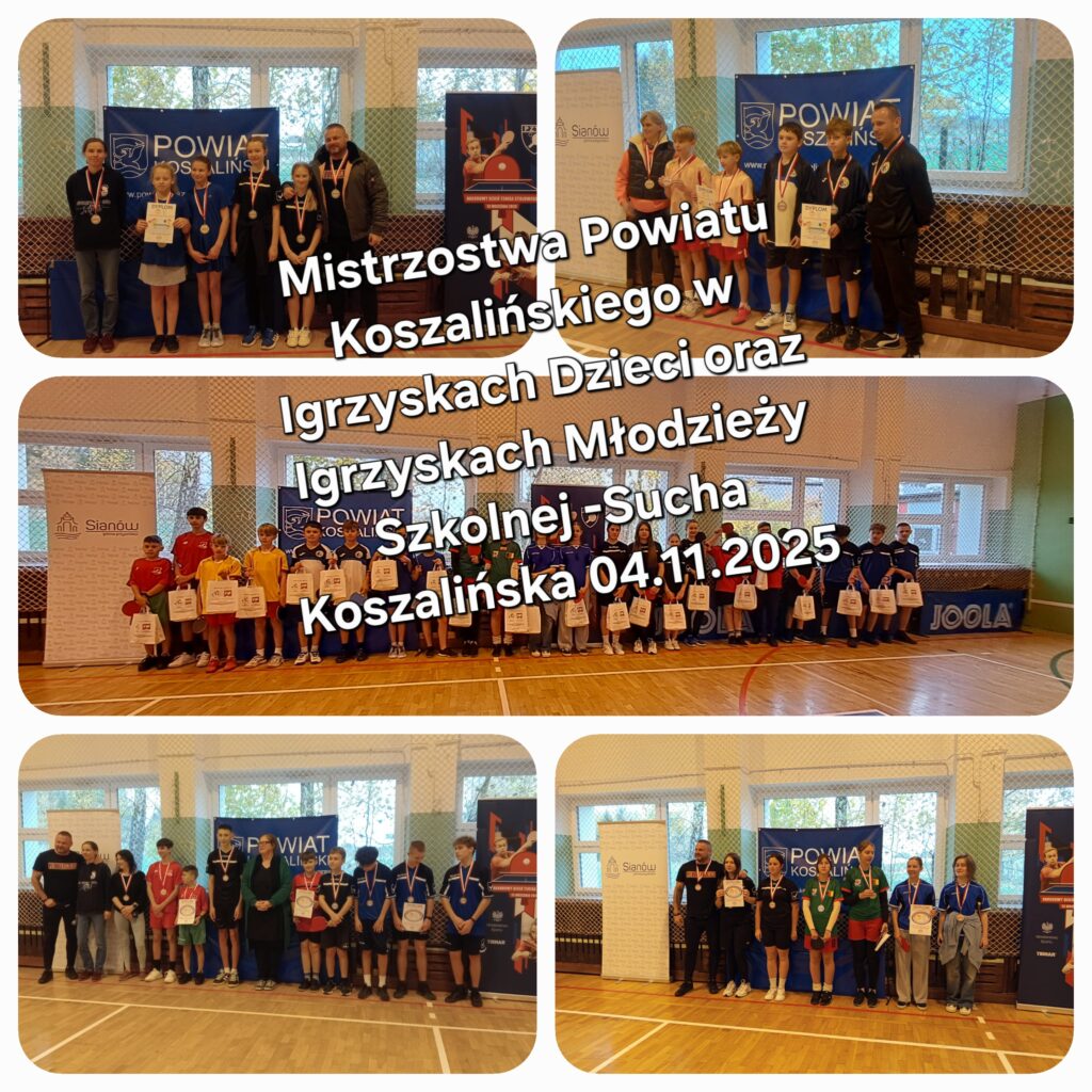 zbiór zdjęć z zawodów powiatowych w tenisie stołowym w Suchej Koszalińskiej w dniu 4 listopada 2025 r.
