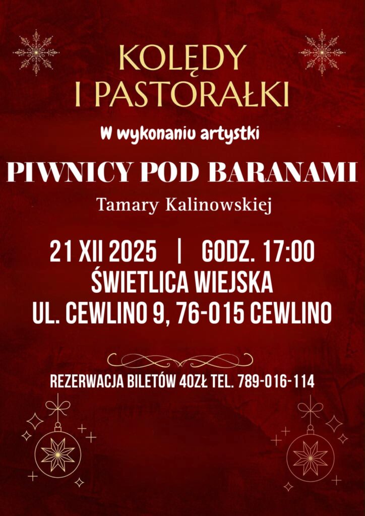 Plakat z zaproszeniem do Cewlina na kolędy i pastorałki 21 grudnia 2025