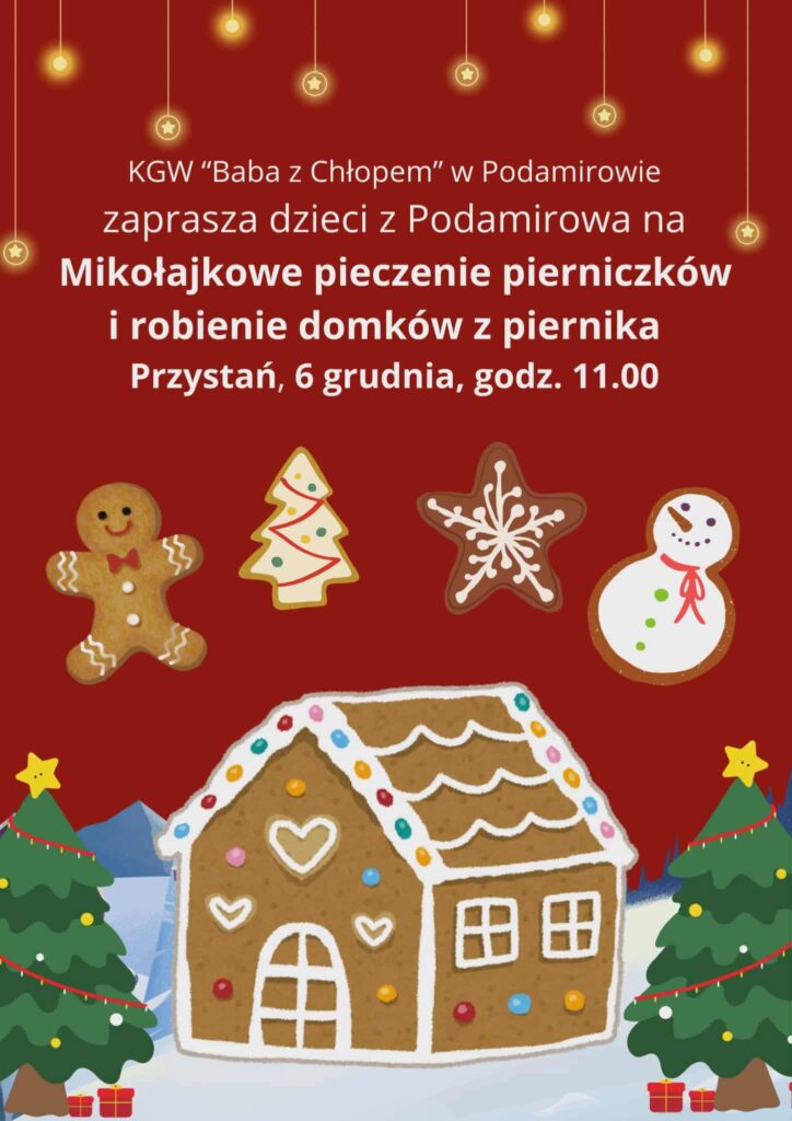 Plakat z zaproszeniem na pieczenie i zdobienie pierniczków w Podamirowie 6 grudnia 2025