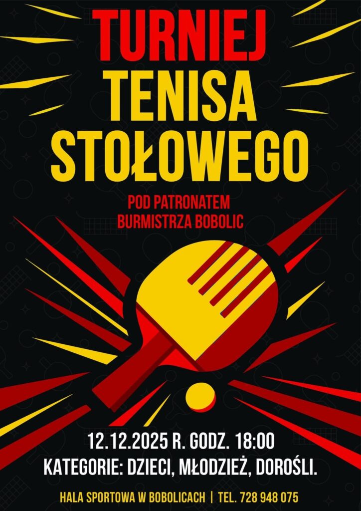 Plakat z zaproszeniem na turniej tenisa stołowego 12 grudnia 2025 Bobolice
