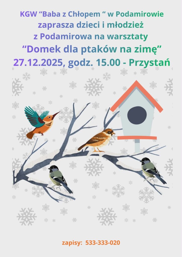 Plakat z zaproszeniem na warsztaty w Podamirowie 27.12.2025