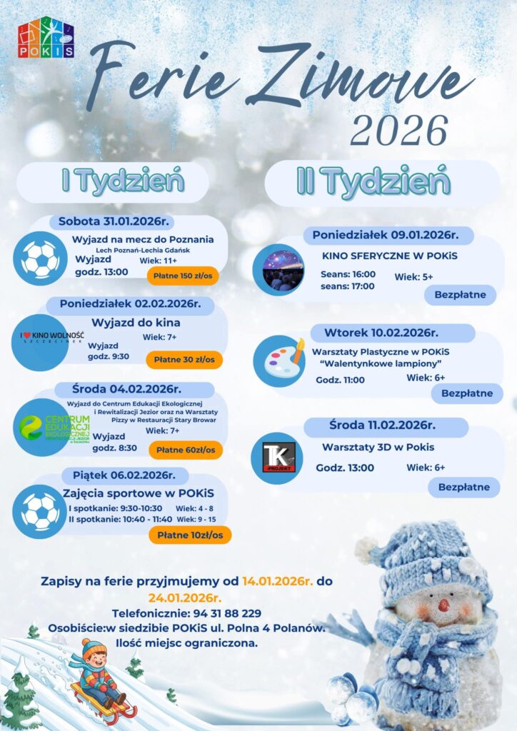 Plakat z informacją o atrakcjach podczas ferii 2026 na terenie gminy Polanów