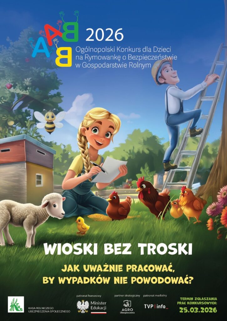 Plakat z zaproszeniem do udziału w konkursie KRUS wioski bez troski
