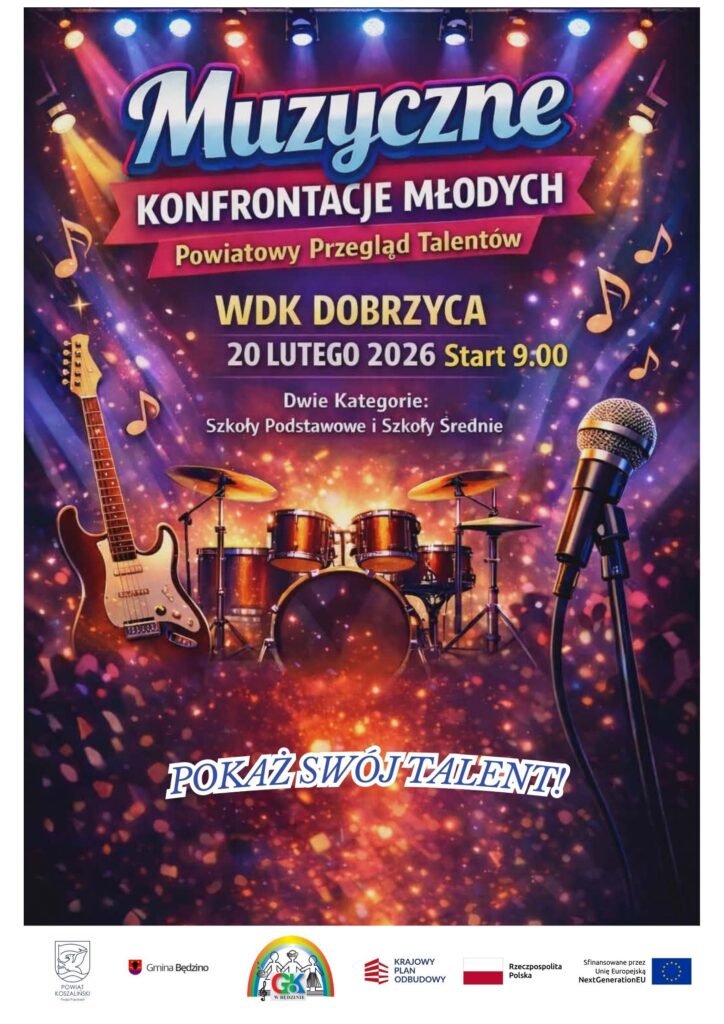 Plakat z zaproszeniem na Muzyczne Konfrontacje Młodych Powiatowy Przegląd Talentów w Będzinie 20 lutego 2026