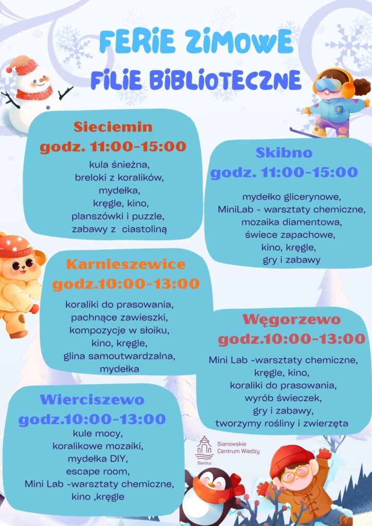 Plakat z zaproszeniem na ferie biblioteczne w Sianowie
