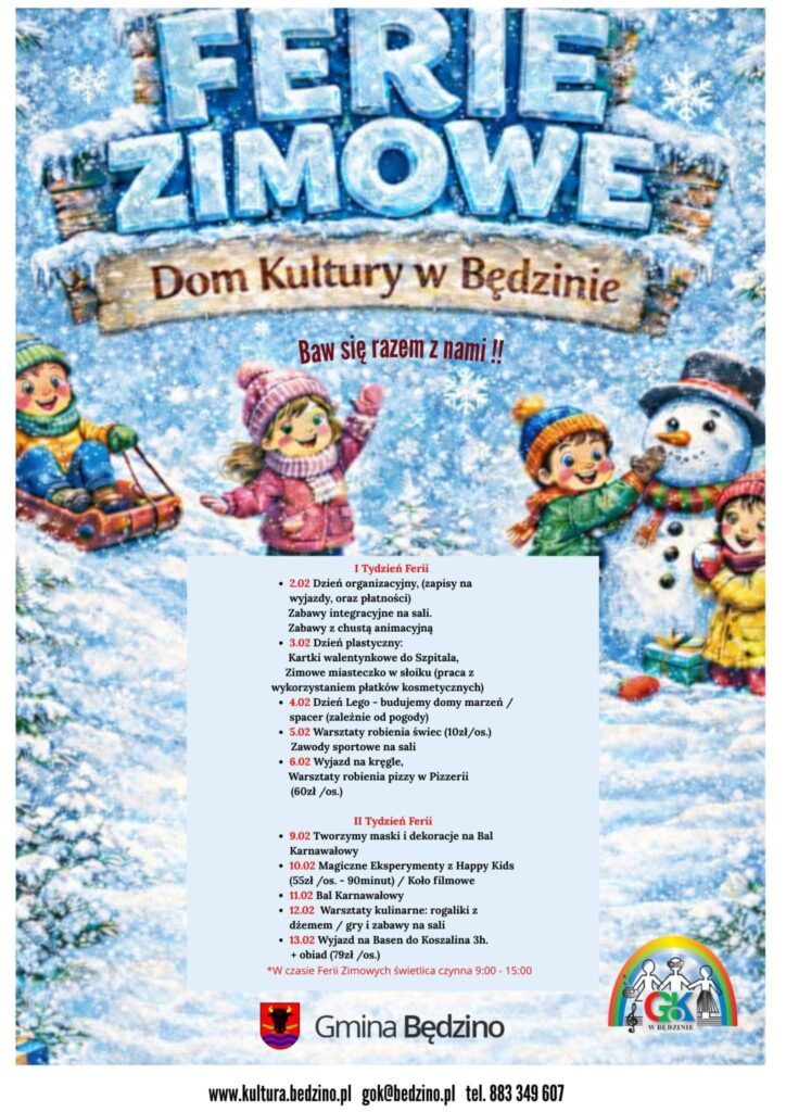 Plakat z zaproszeniem na ferie zimowe 2026 w Będzinie