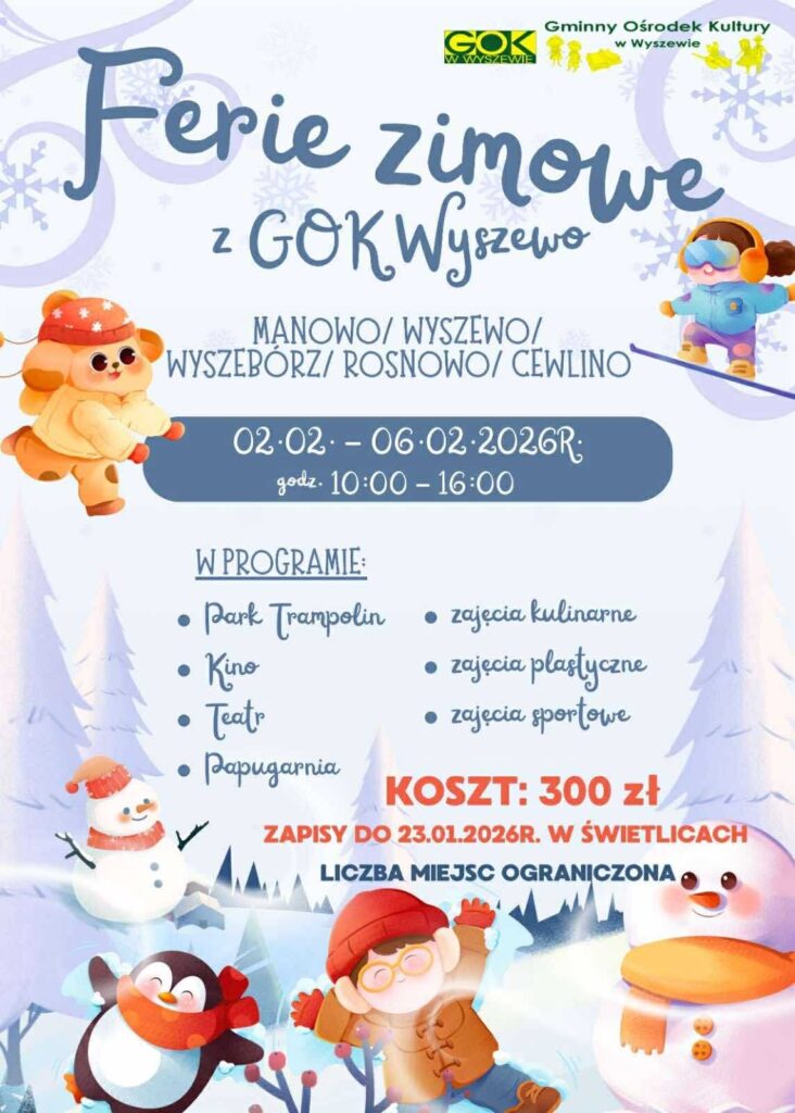Plakat z zaproszeniem na ferie zimowe w Gminie Manowo 2026