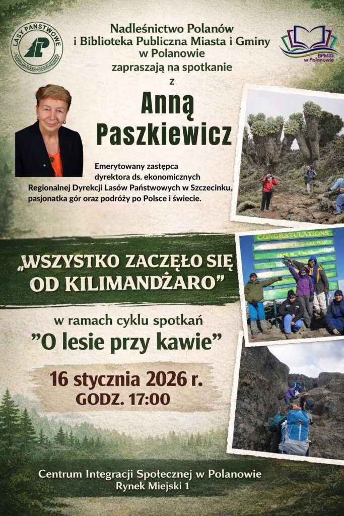 Plakat z zaproszeniem na spotkanie w Polanowie w ramach cyklu O lesie przy kawie 16 stycznia 2026