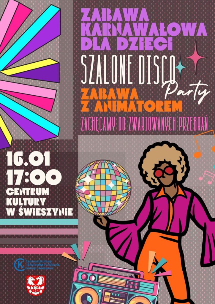 Plakat z zaproszeniem na zabawę karnawałową w Świeszynie 16 stycznia 2026