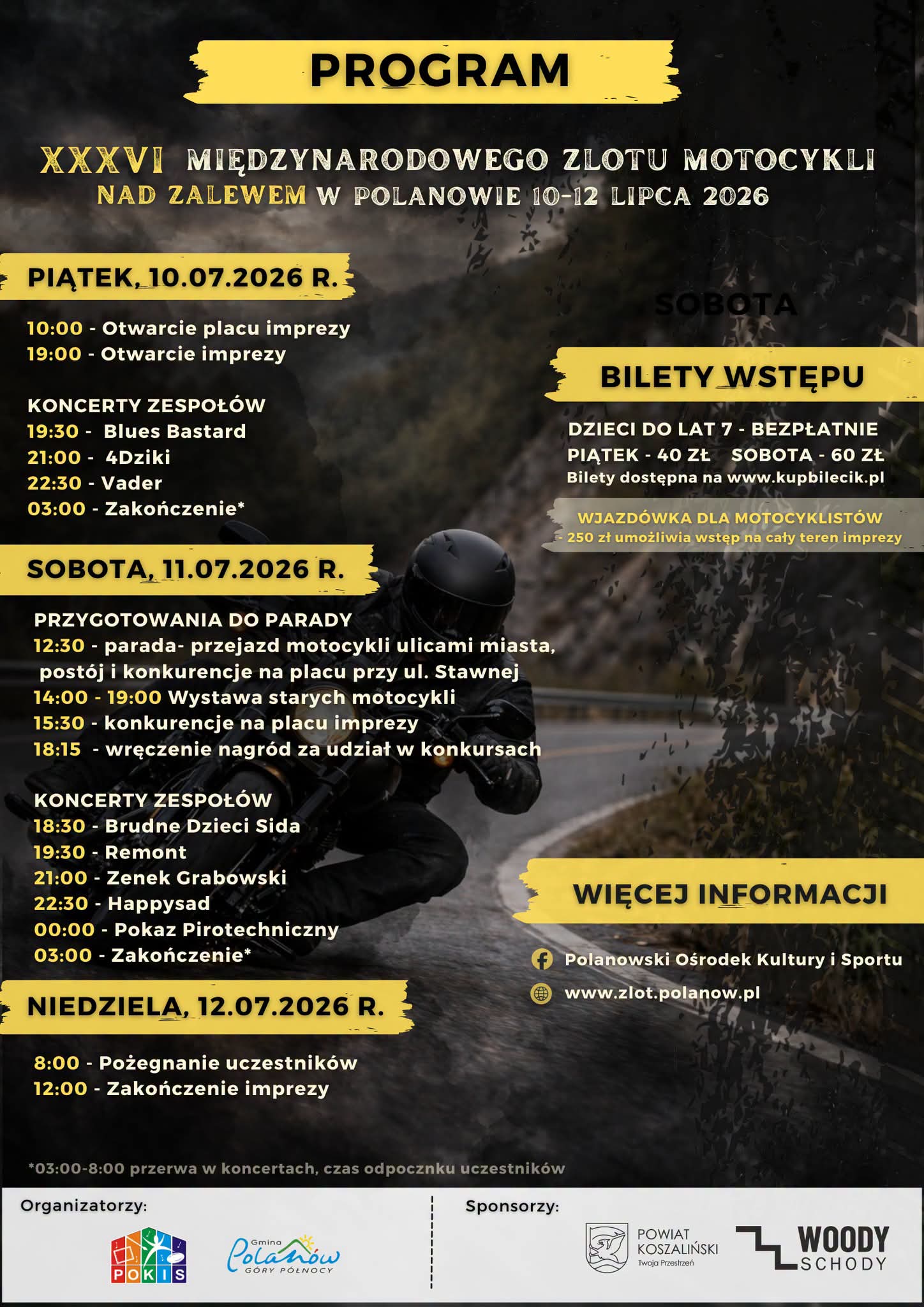 Plakat z programem XXXVI Międzynarodowego Zlotu Motocykli Nad Zalewem w Polanowie 10_12.07.2026