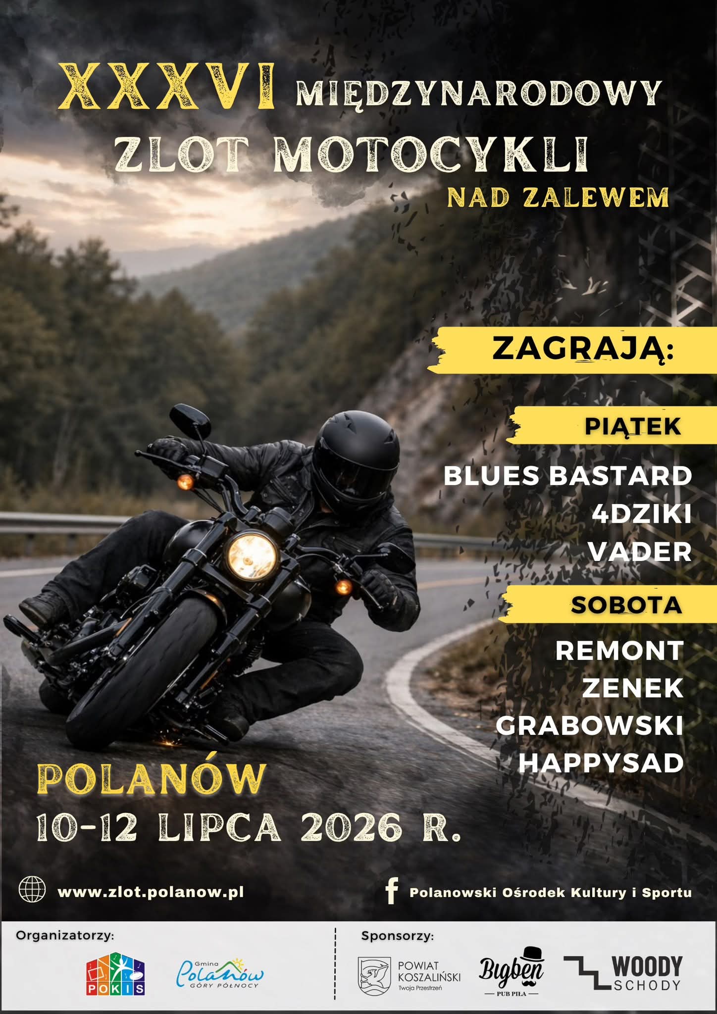 Plakat z zaproszeniem na 36. Międzynarodowy Zlot Motocykli nad Zalewem w Polanowie 10 do 12 lipca 2026