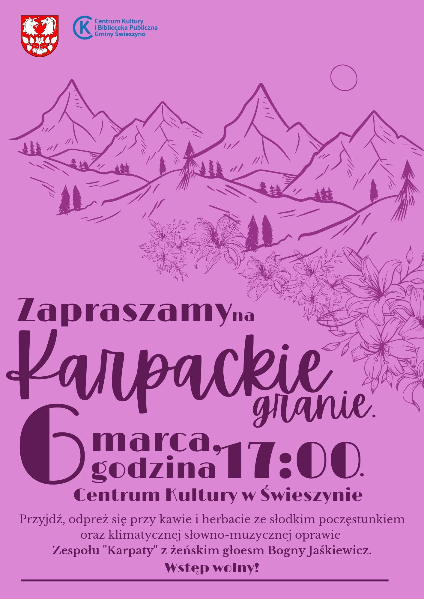 Plakat z zaproszeniem na karpackie granie 6 marca 2026 w Centrum Kultury w Świeszynie