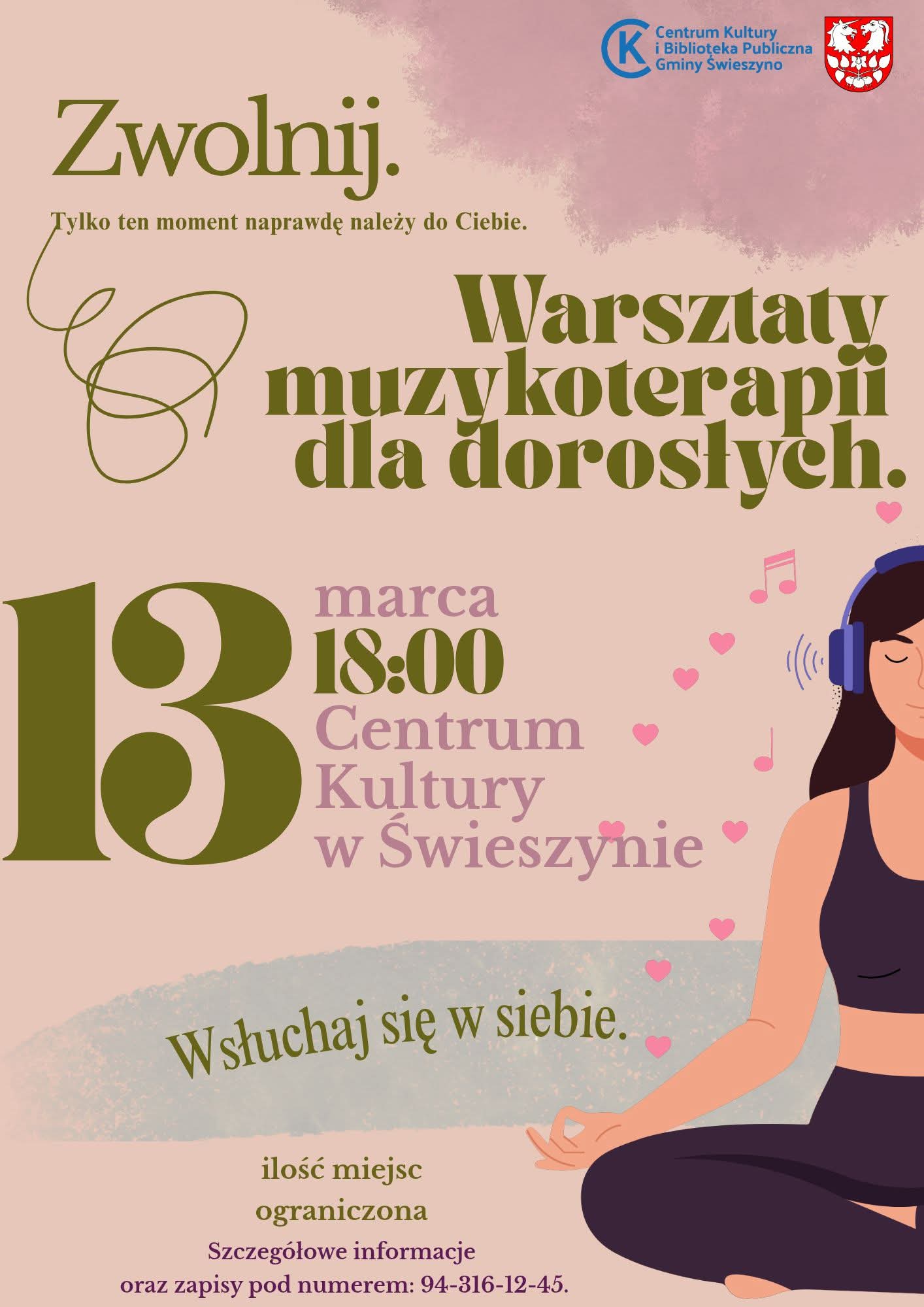 Plakat z zaproszeniem na warsztaty muzykoterapii dla dorosłych 13 marca 2026 Świeszyno