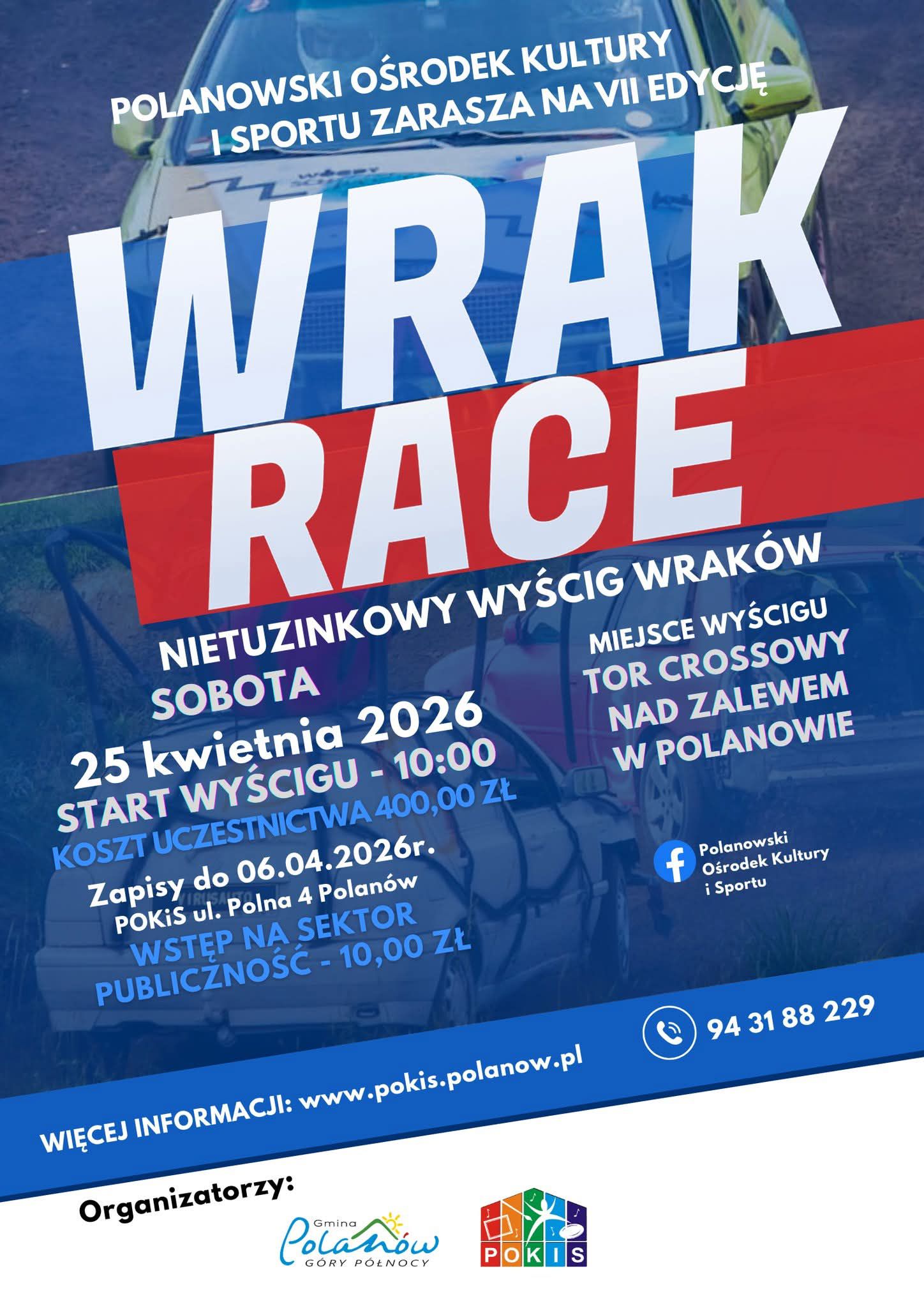 Plakat z zaproszeniem na wrak race nietuzinkowy wyścig wraków w Polanowie 25 kwietnia 2026